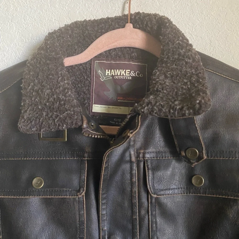 Hawke & Co Boys Brown Faux Leather Sherpa Collar Bomber Biker Moto Jacket 10/12